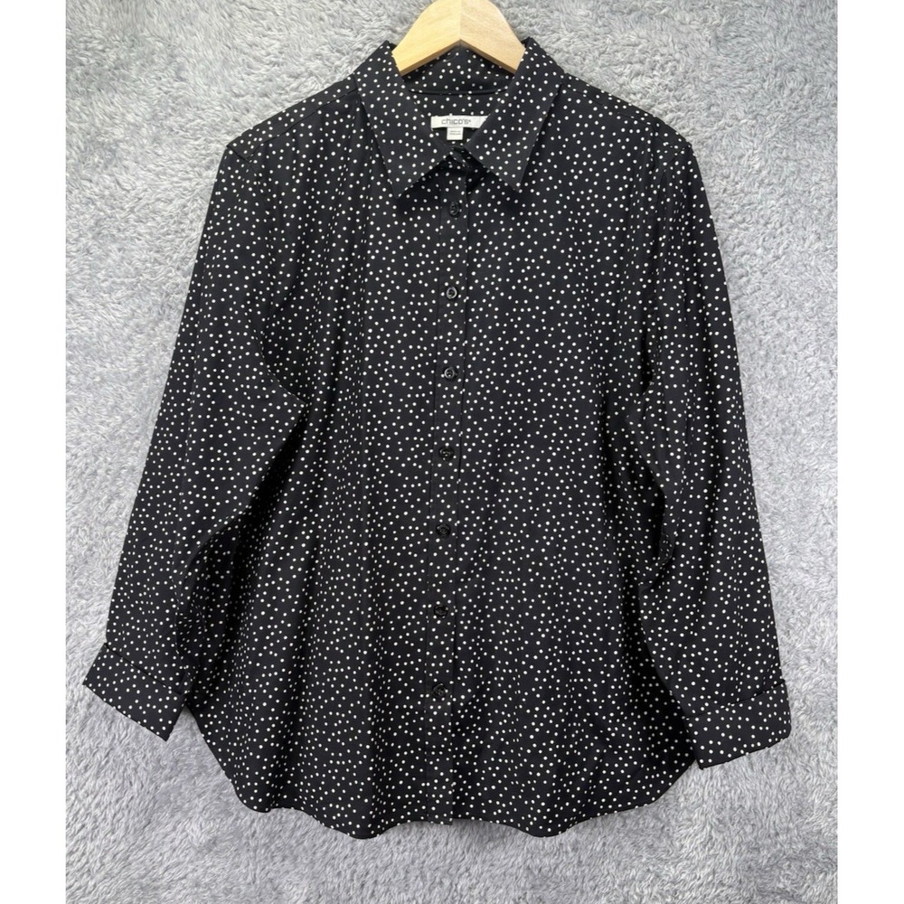Chico's Womens Size 3 XL Black White Polka Dot Button Up Shirt Stretch Cotton